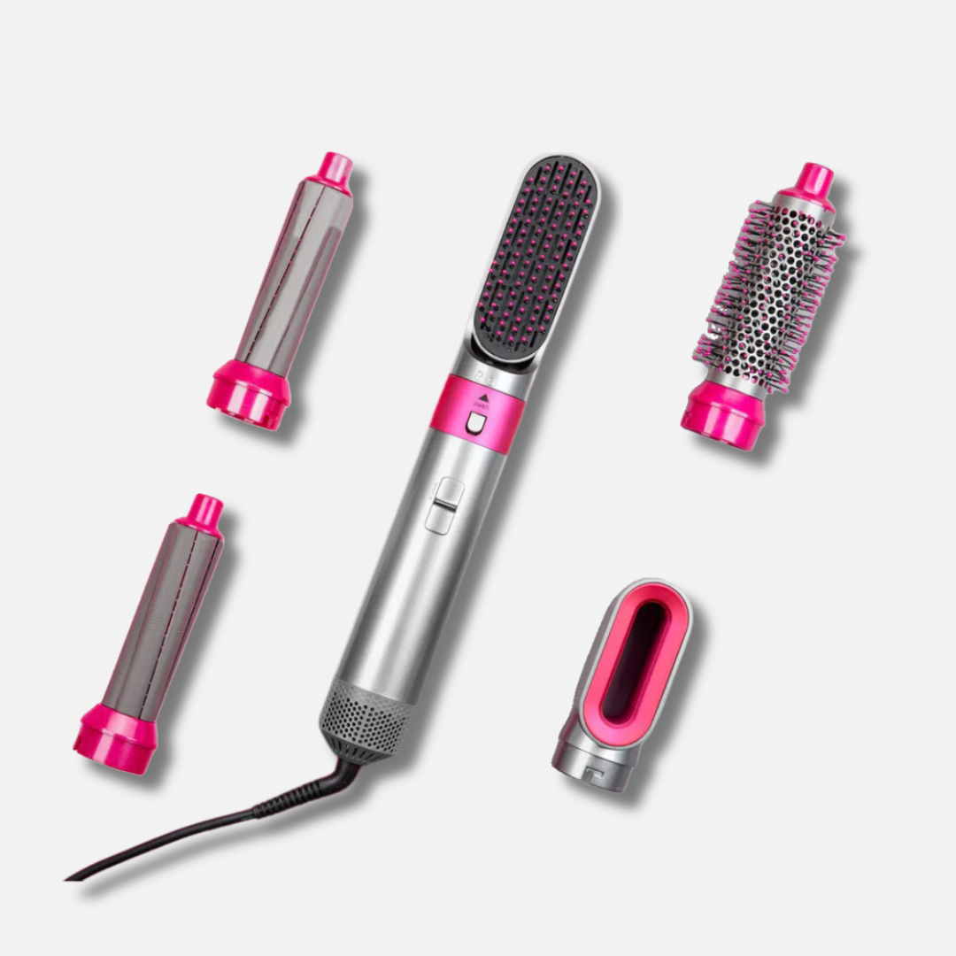 a pink and silver hair dryer and other accessories