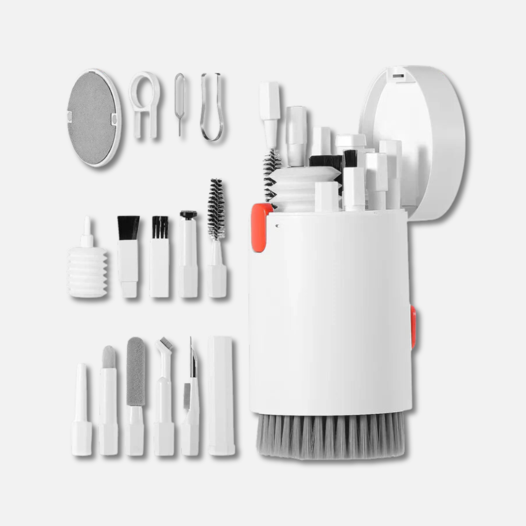 a white and red electric toothbrush holder surrounded by toothbrushes